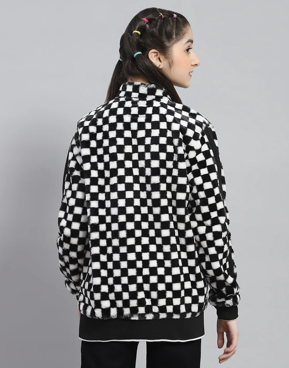 Girls Black Check Stand Collar Full Sleeve Sweatshirt - Image 5