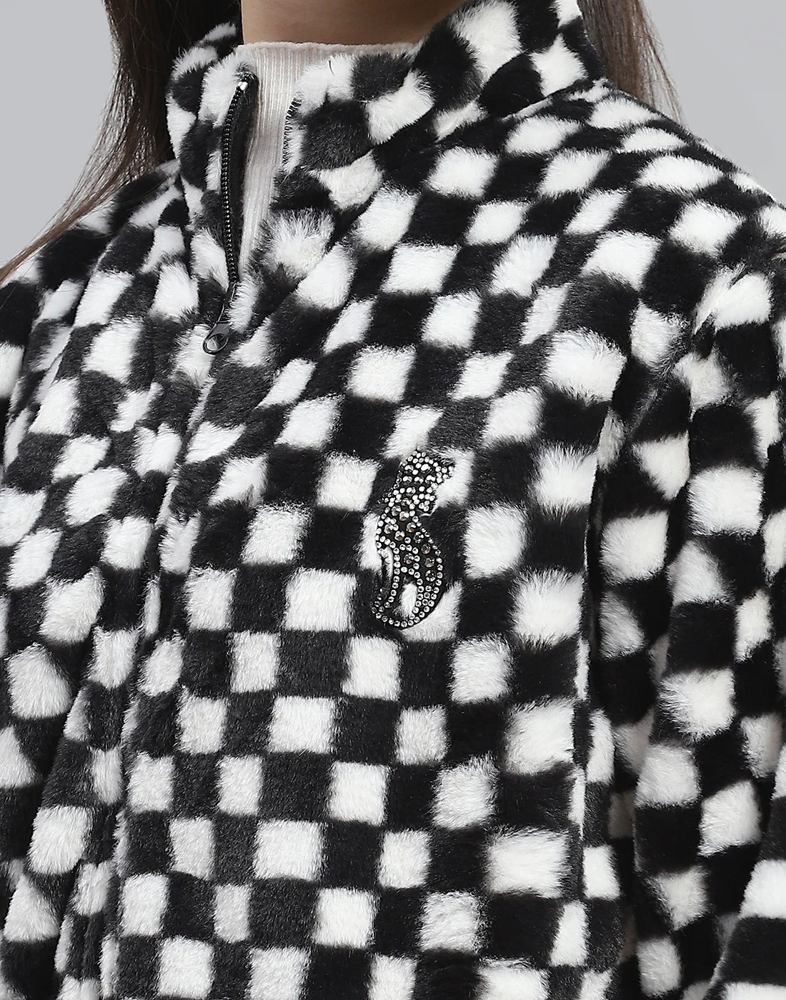 Girls Black Check Stand Collar Full Sleeve Sweatshirt - Image 6