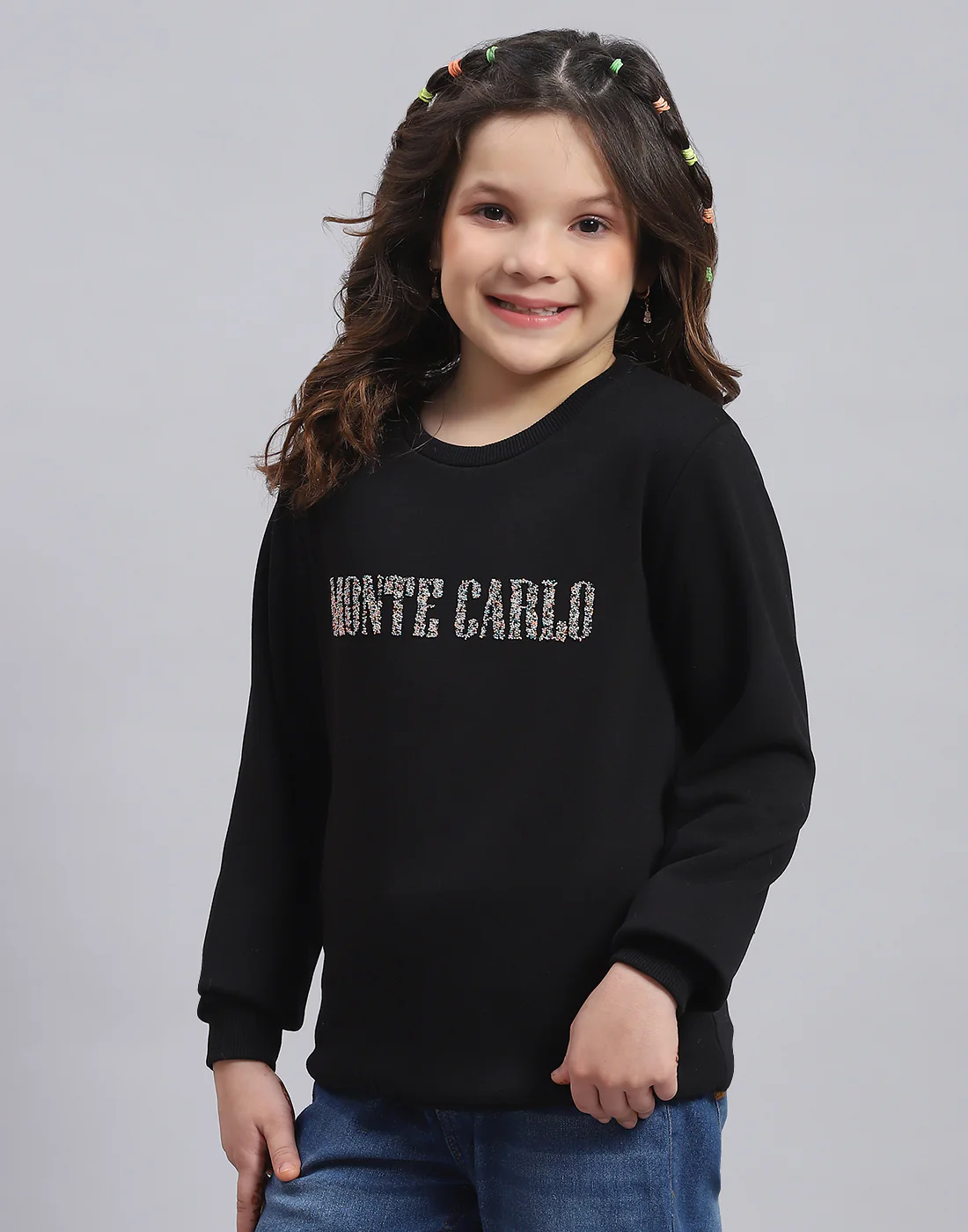 Girls Black Embellished Round Neck Full Sleeve Sweatshirt - Image 3