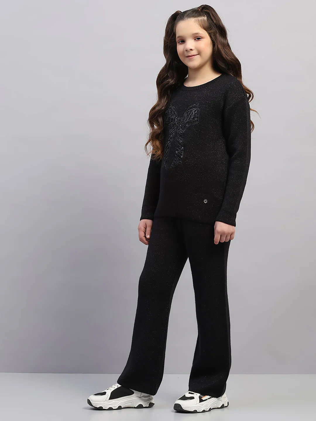 Girls Black Embroidered Round Neck Full Sleeve Cords Set - Image 3