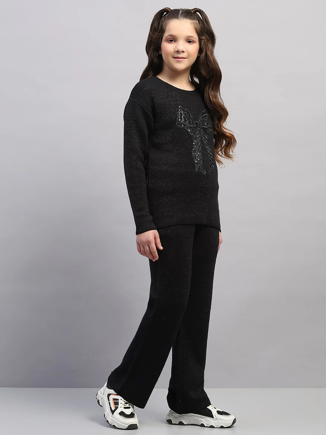Girls Black Embroidered Round Neck Full Sleeve Cords Set - Image 4