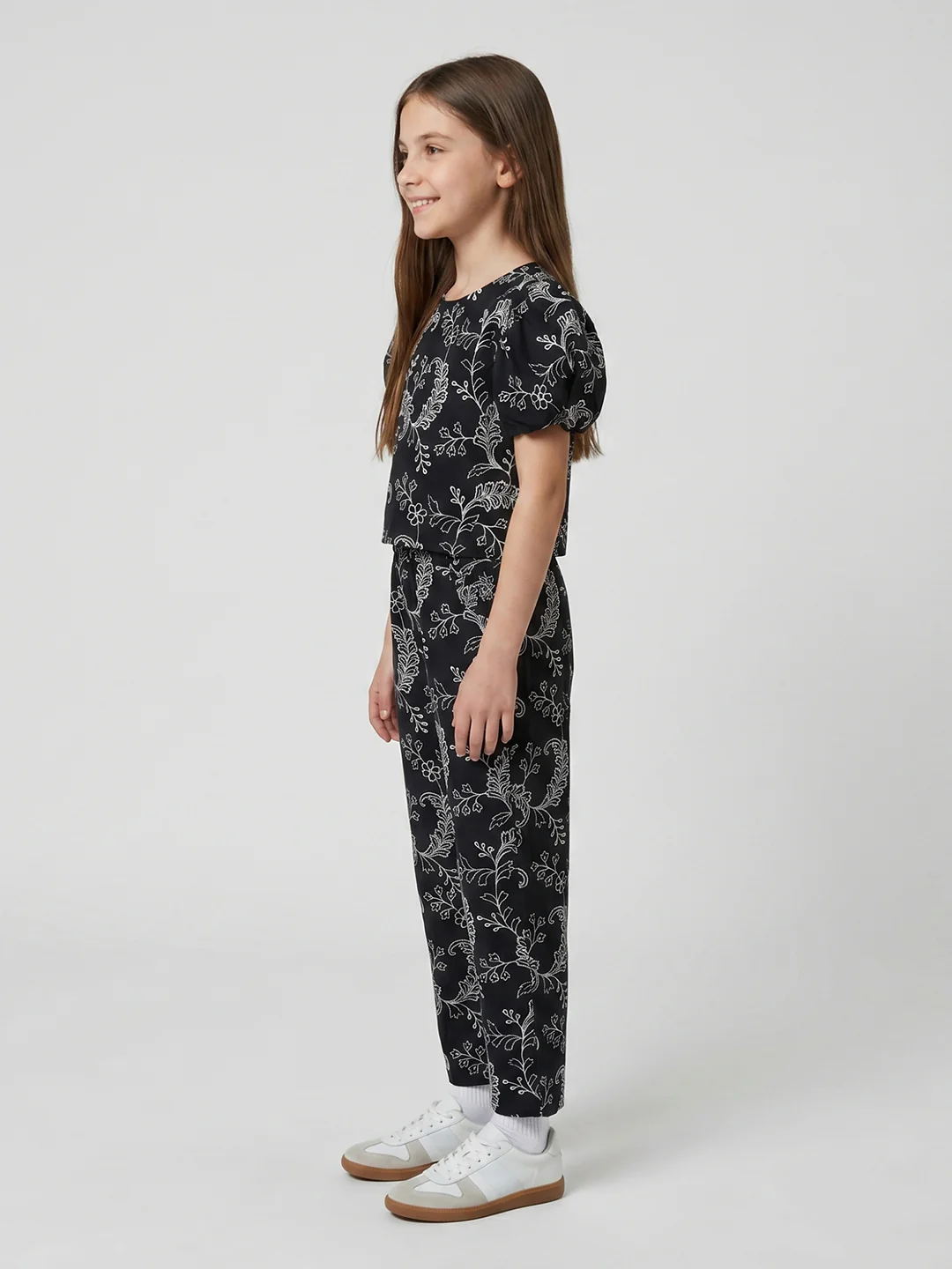 Girls Black Embroidered Round Neck Half Sleeve Cords Set - Image 3
