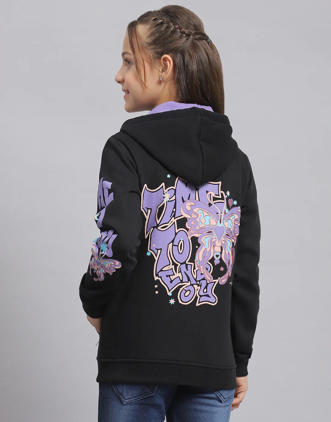 Girls Black Printed Hooded Full Sleeve Sweatshirt - Image 6
