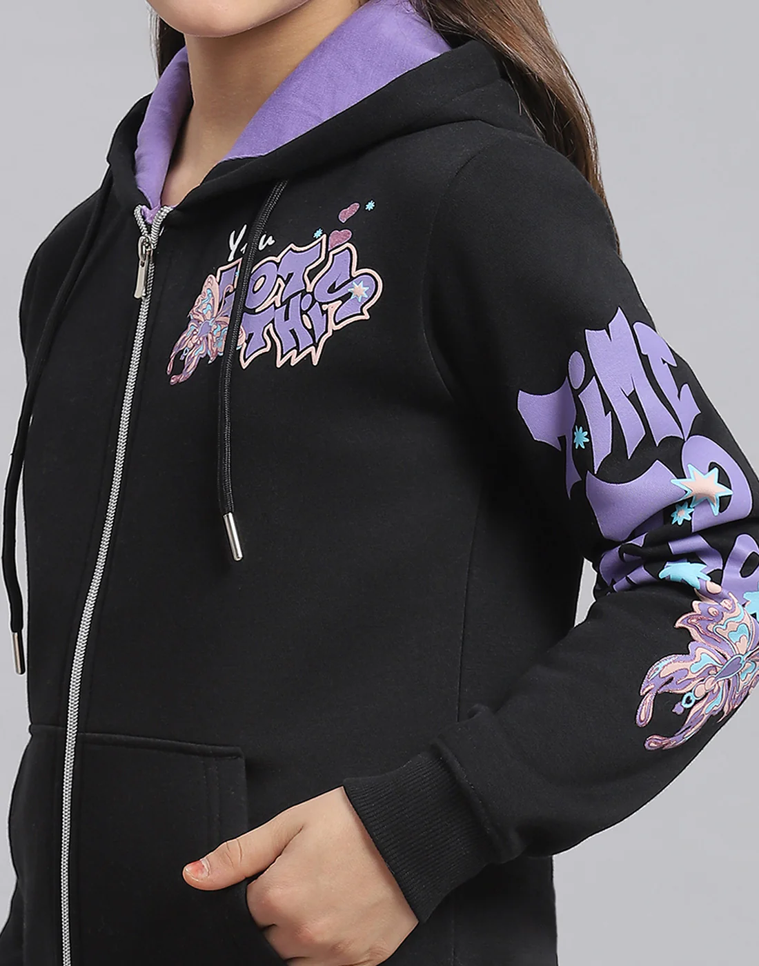 Girls Black Printed Hooded Full Sleeve Sweatshirt - Image 7