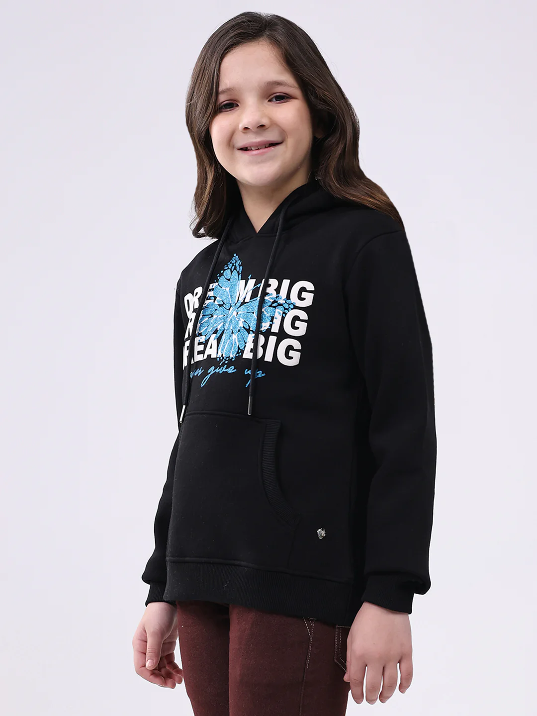 Girls Black Printed Hooded Full Sleeve Sweatshirt - Image 3