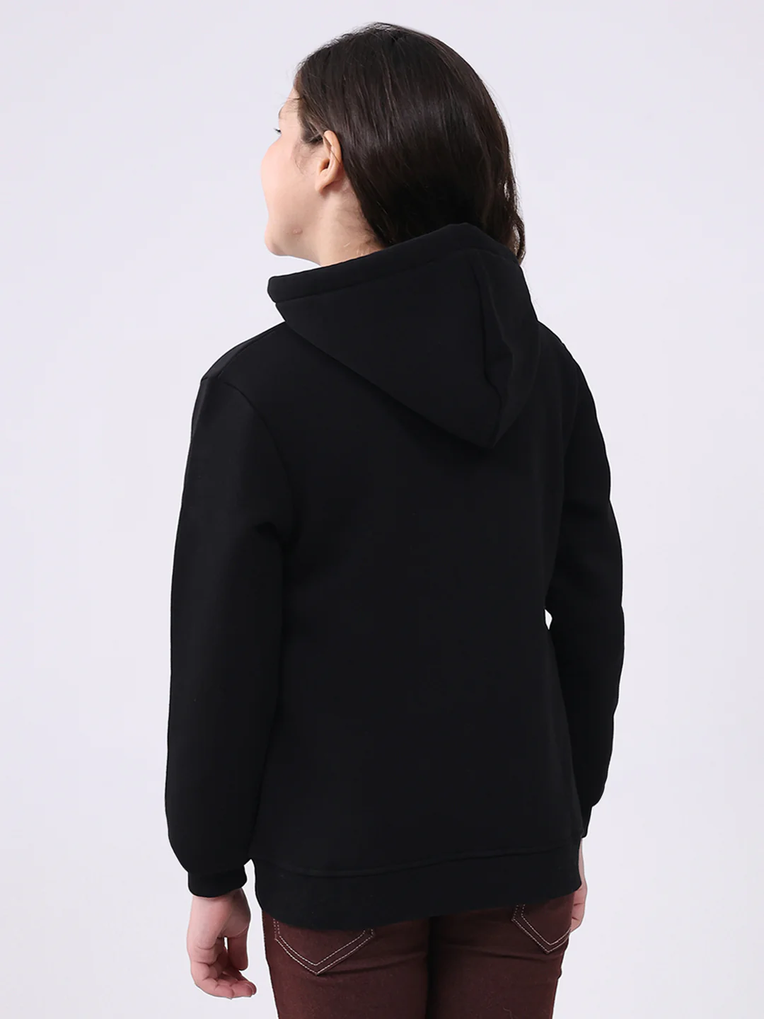 Girls Black Printed Hooded Full Sleeve Sweatshirt - Image 5