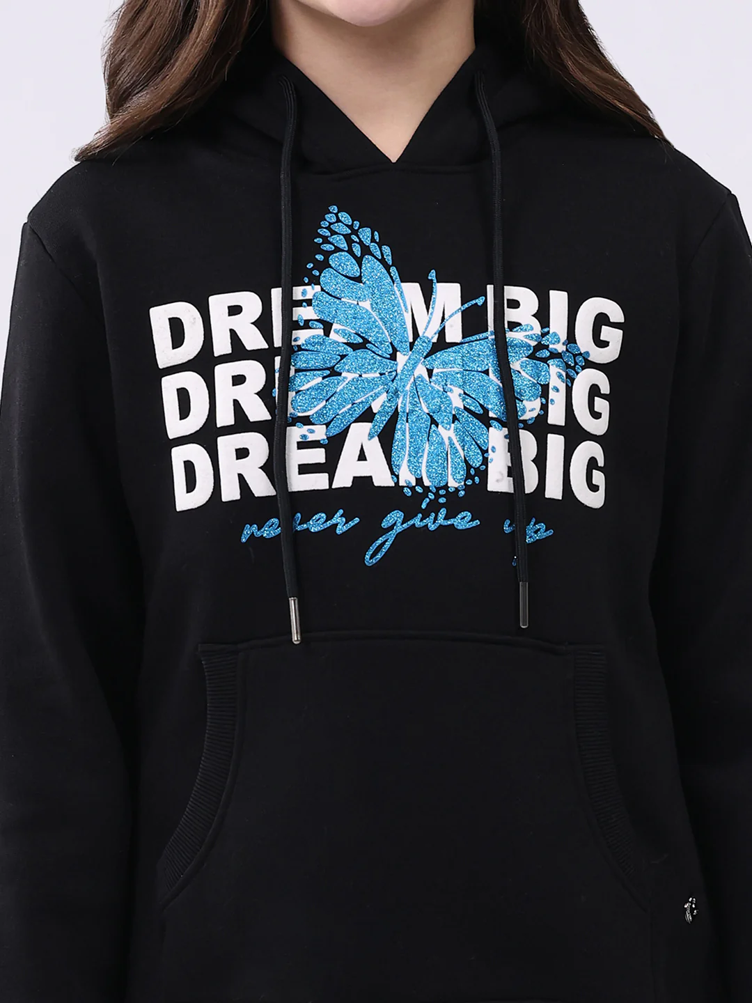 Girls Black Printed Hooded Full Sleeve Sweatshirt - Image 6