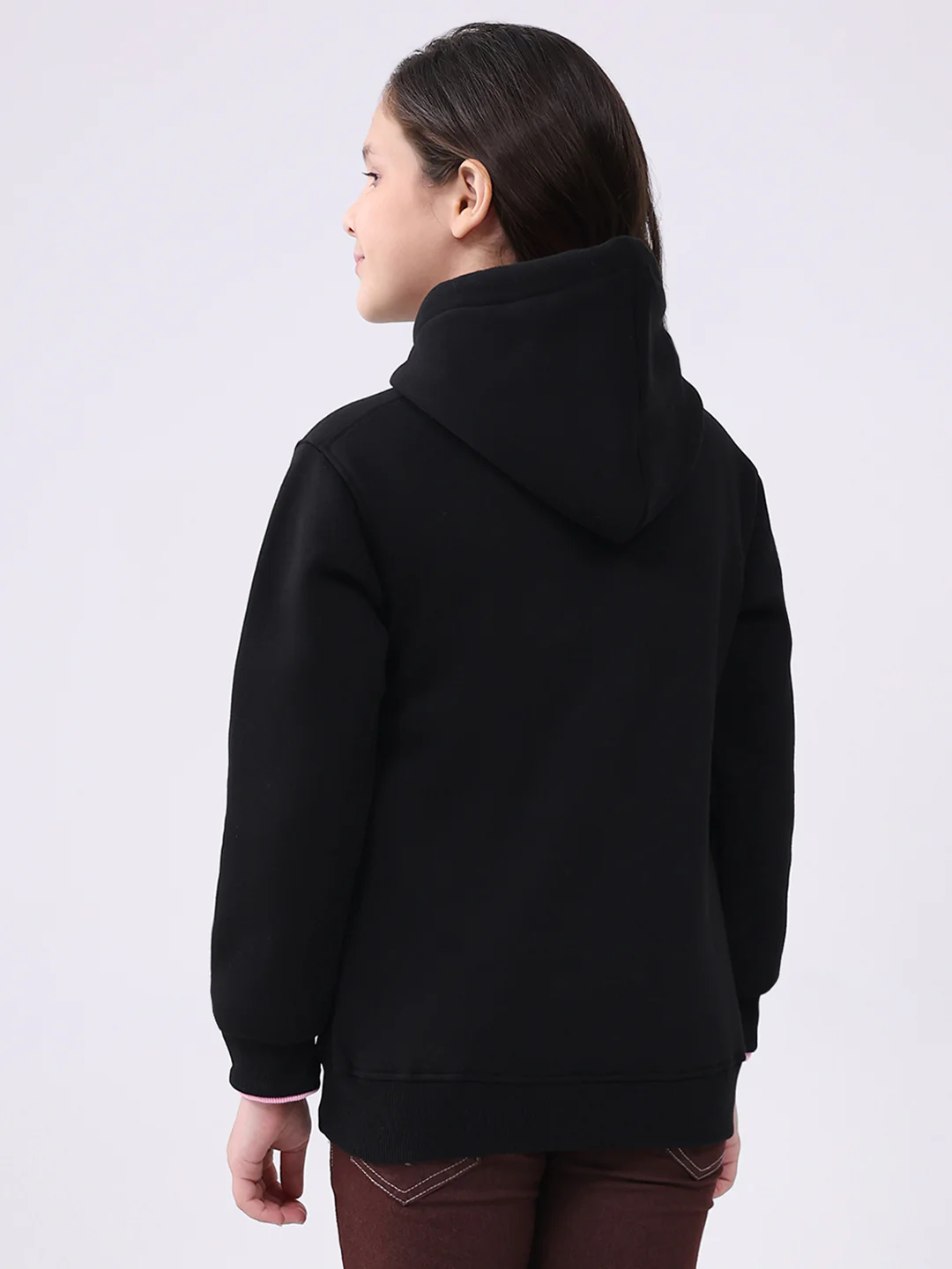 Girls Black Printed Hooded Full Sleeve Sweatshirt - Image 5