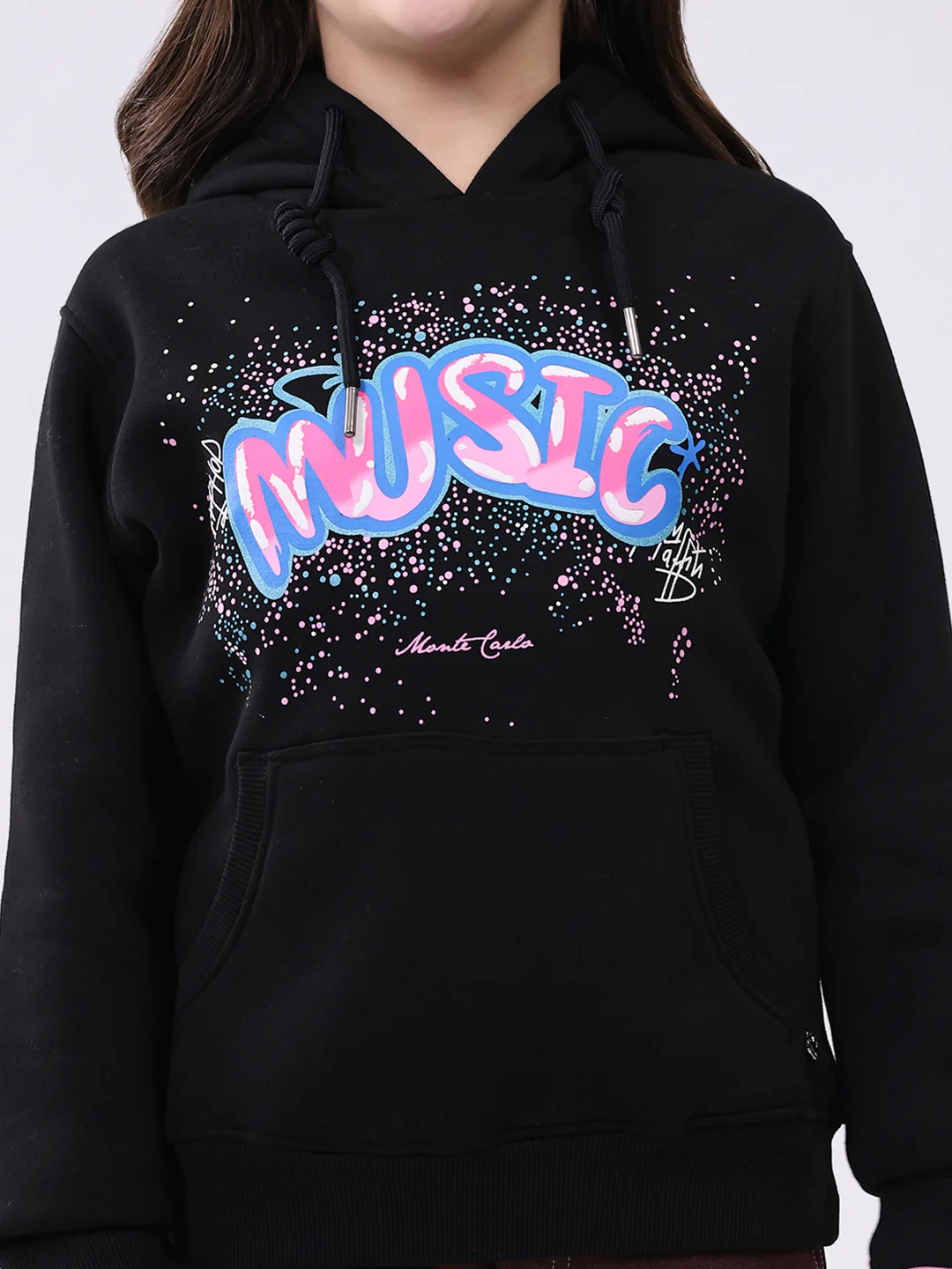 Girls Black Printed Hooded Full Sleeve Sweatshirt - Image 6