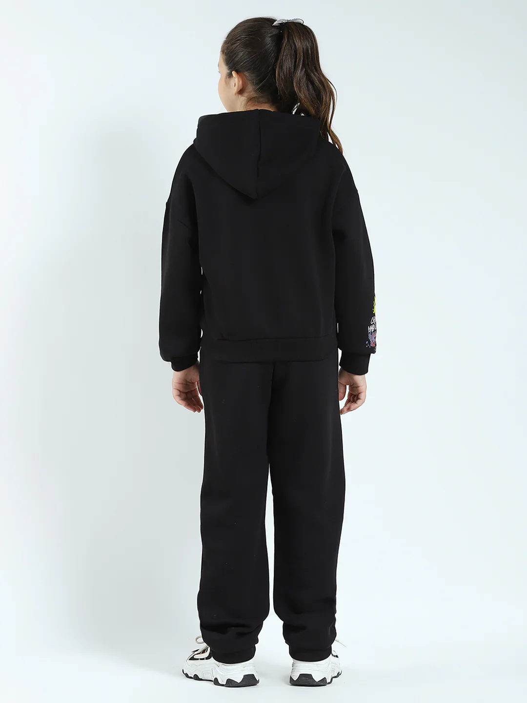 Girls Black Printed Hooded Full Sleeve Tracksuit - Image 5