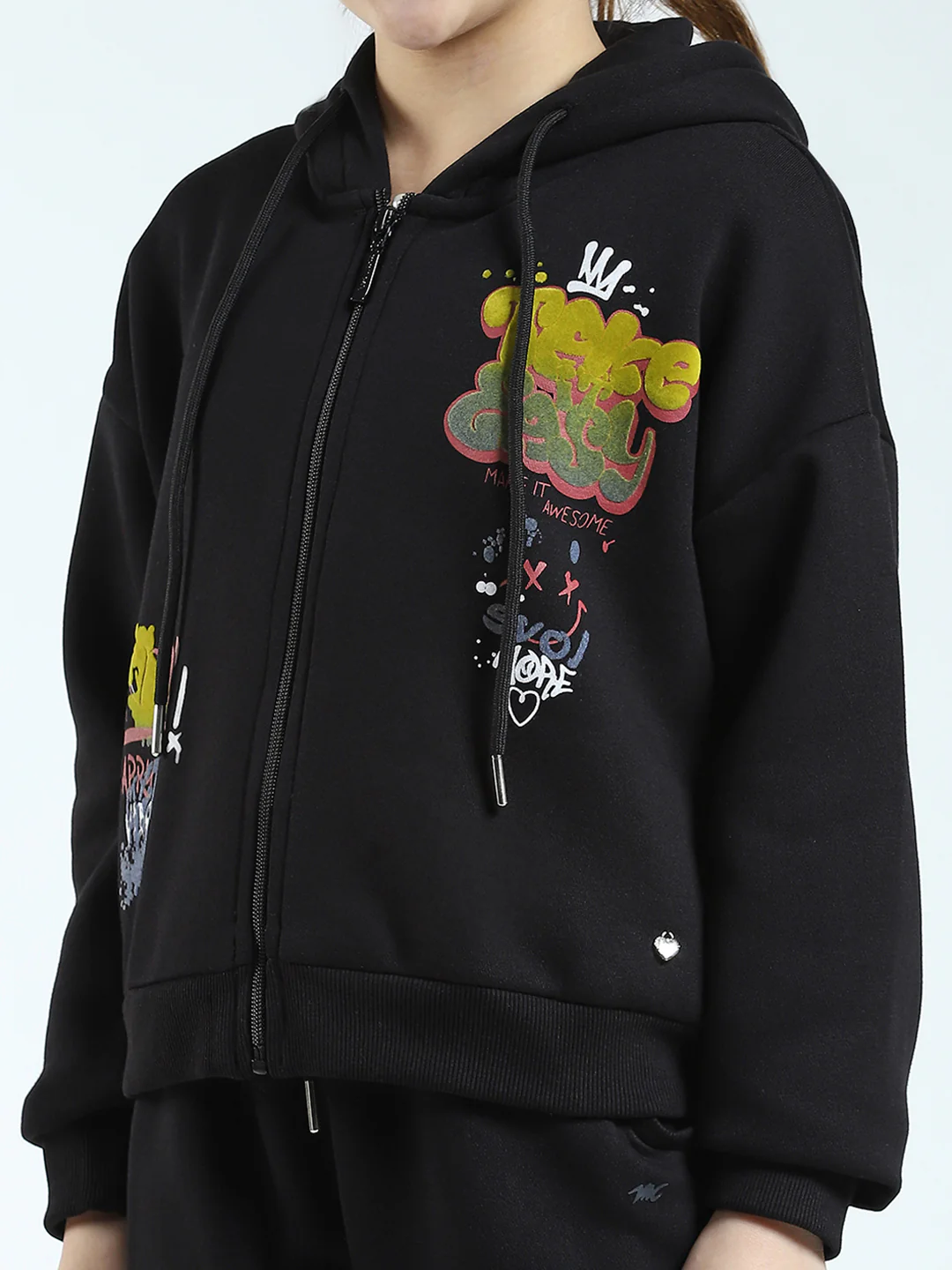 Girls Black Printed Hooded Full Sleeve Tracksuit - Image 7