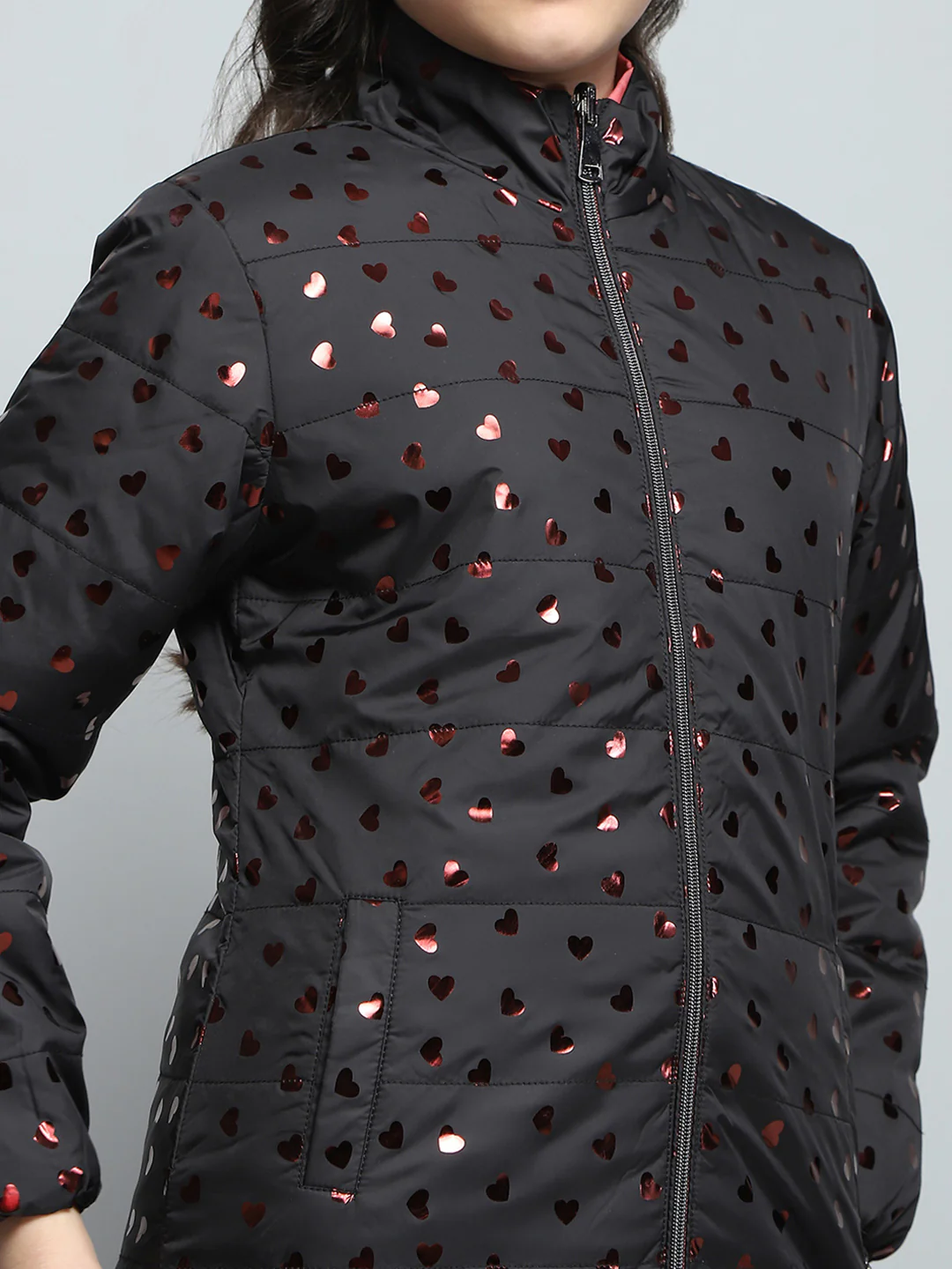 Girls Black Printed Mock Neck Full Sleeve Reversible Jacket - Image 10