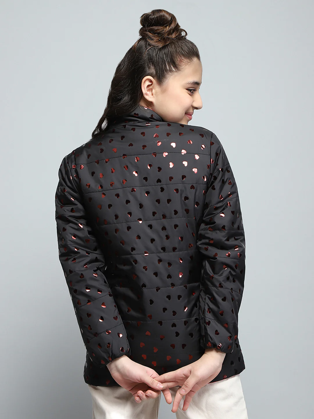 Girls Black Printed Mock Neck Full Sleeve Reversible Jacket - Image 5