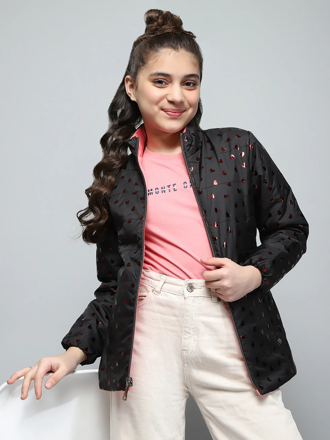 Girls Black Printed Mock Neck Full Sleeve Reversible Jacket - Image 6