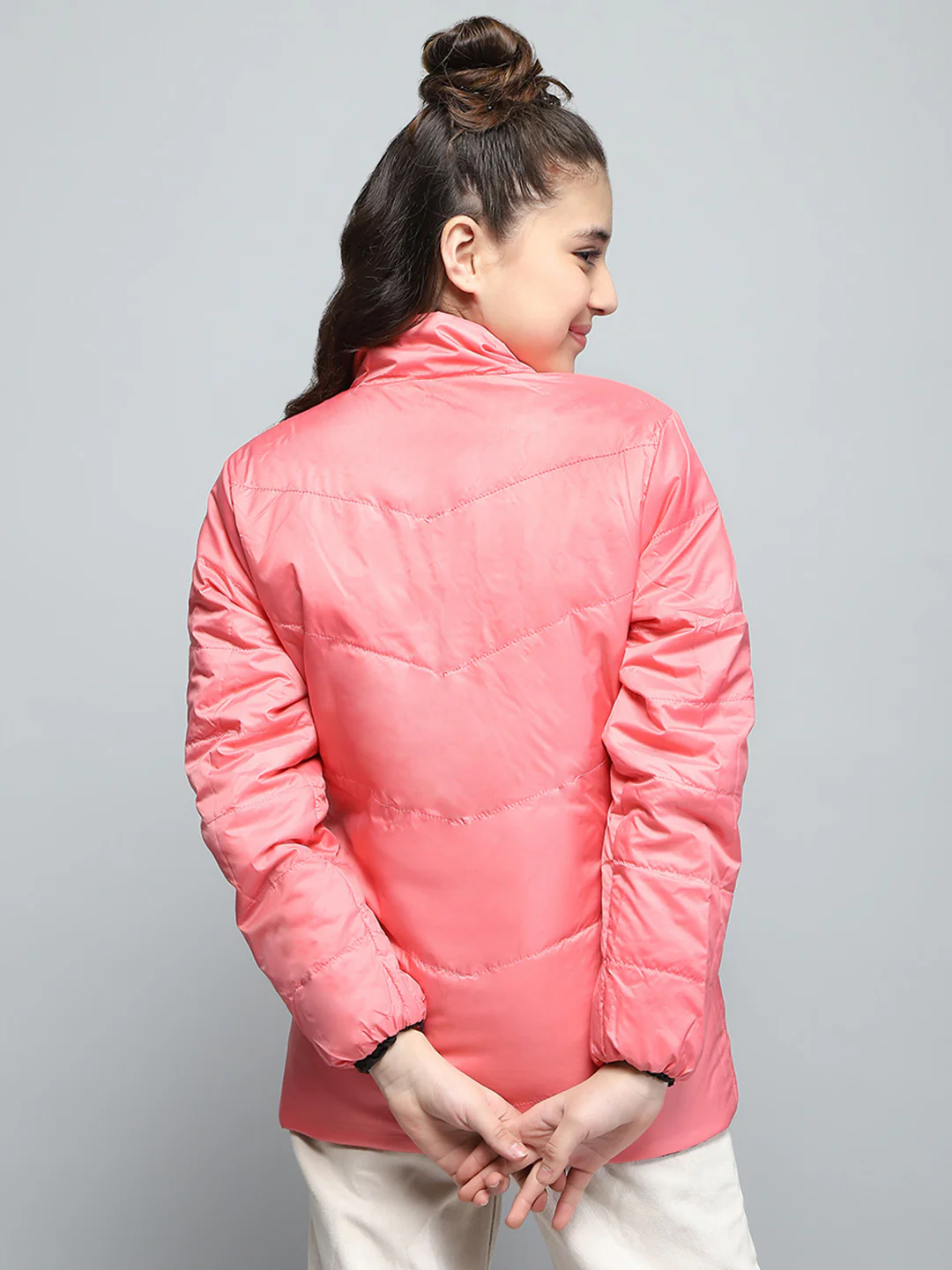Girls Black Printed Mock Neck Full Sleeve Reversible Jacket - Image 9