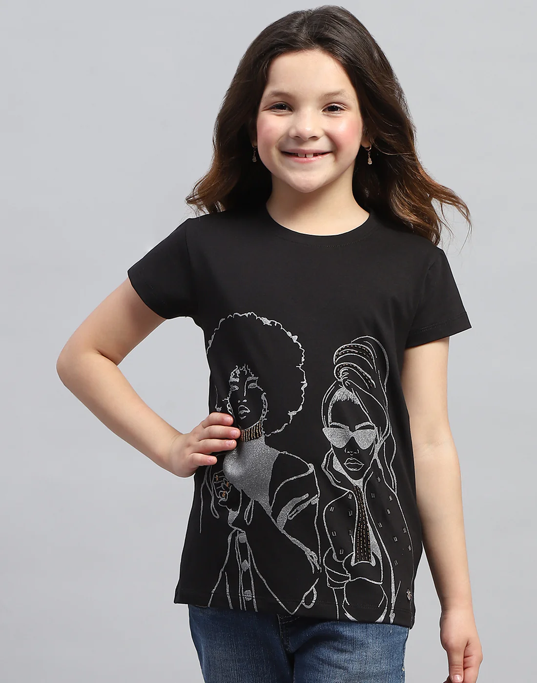 Girls Black Printed Round Neck Half Sleeve Top - Image 2