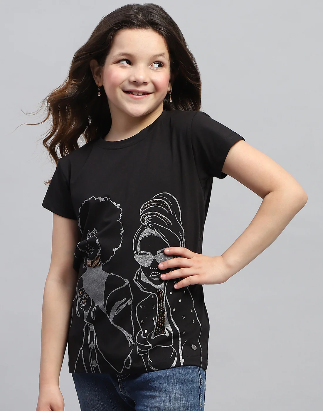 Girls Black Printed Round Neck Half Sleeve Top - Image 3