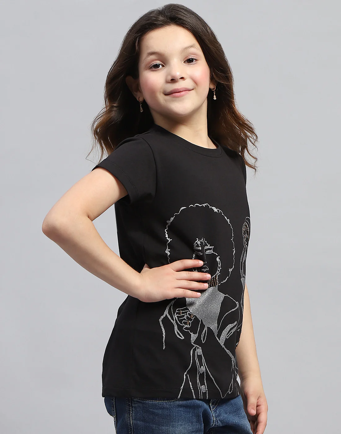 Girls Black Printed Round Neck Half Sleeve Top - Image 4