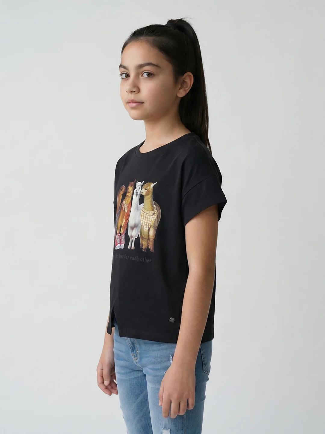 Girls Black Printed Round Neck Half Sleeve Top - Image 2