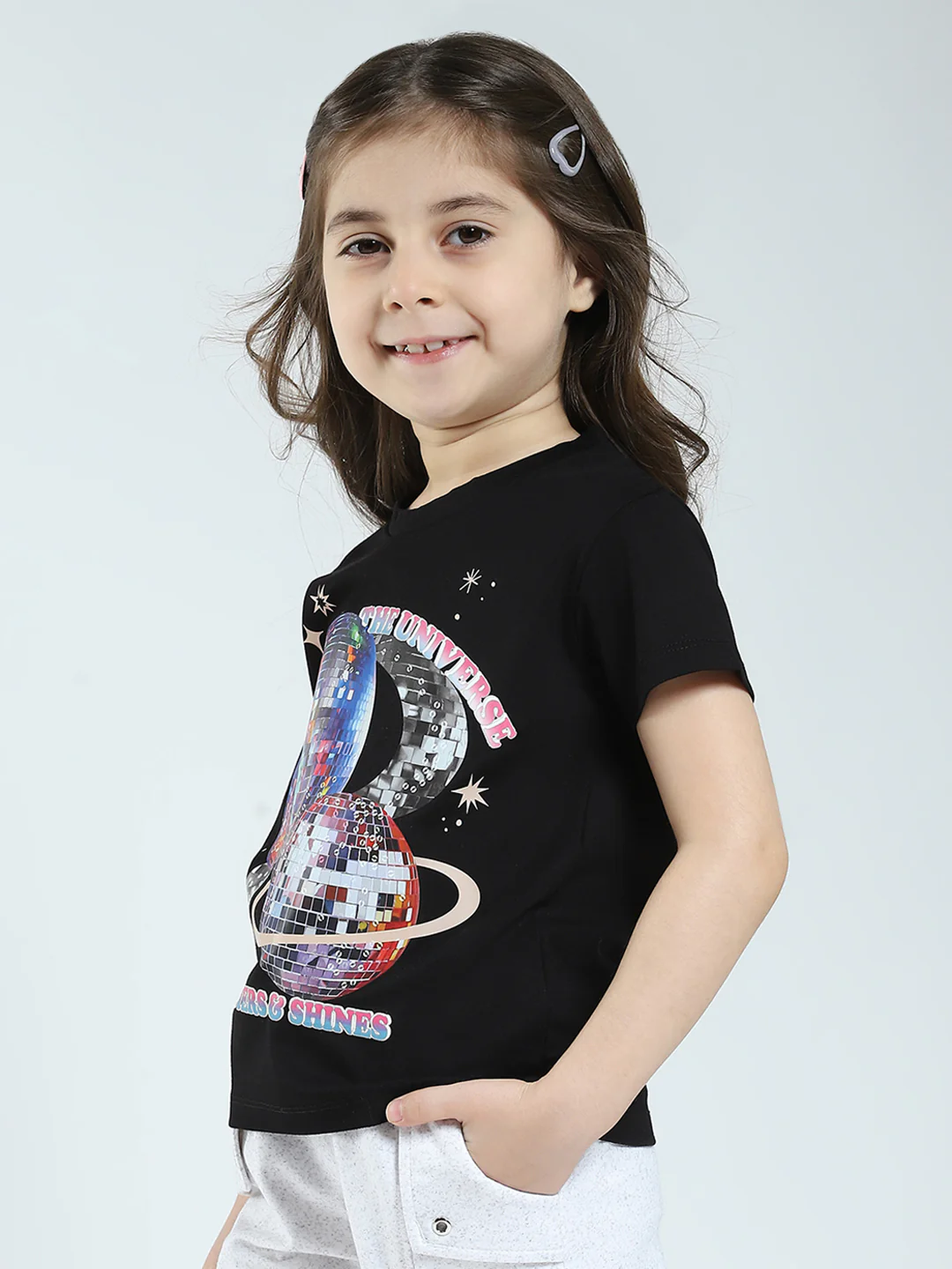 Girls Black Printed Round Neck Half Sleeve Top - Image 3