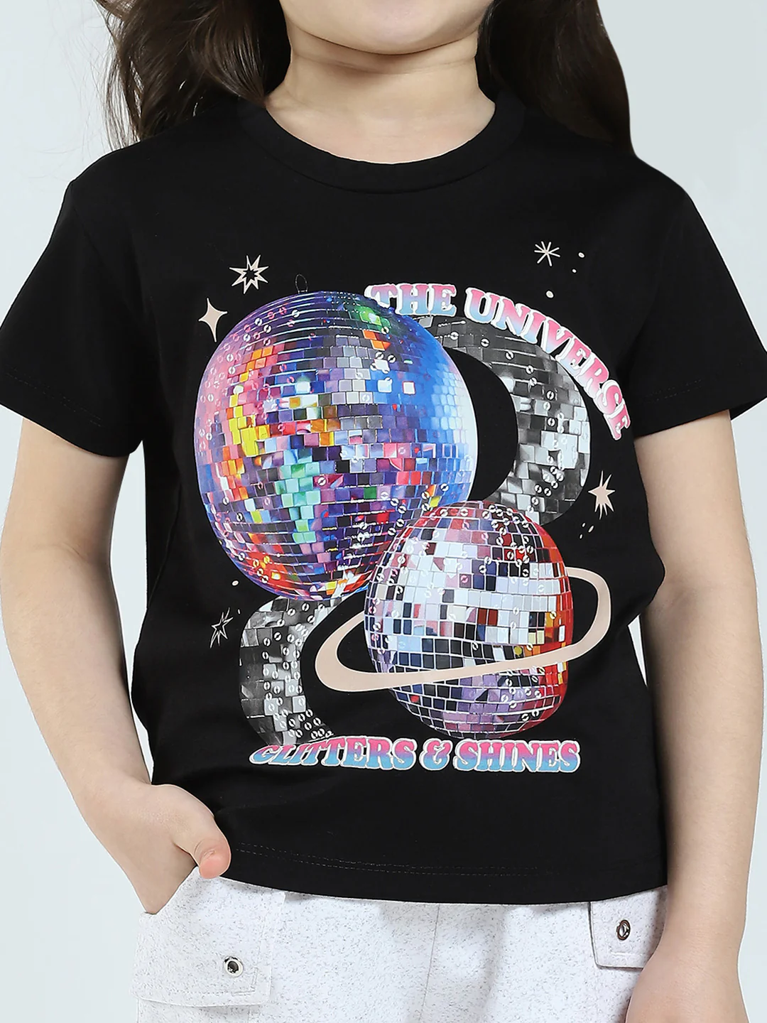 Girls Black Printed Round Neck Half Sleeve Top - Image 6