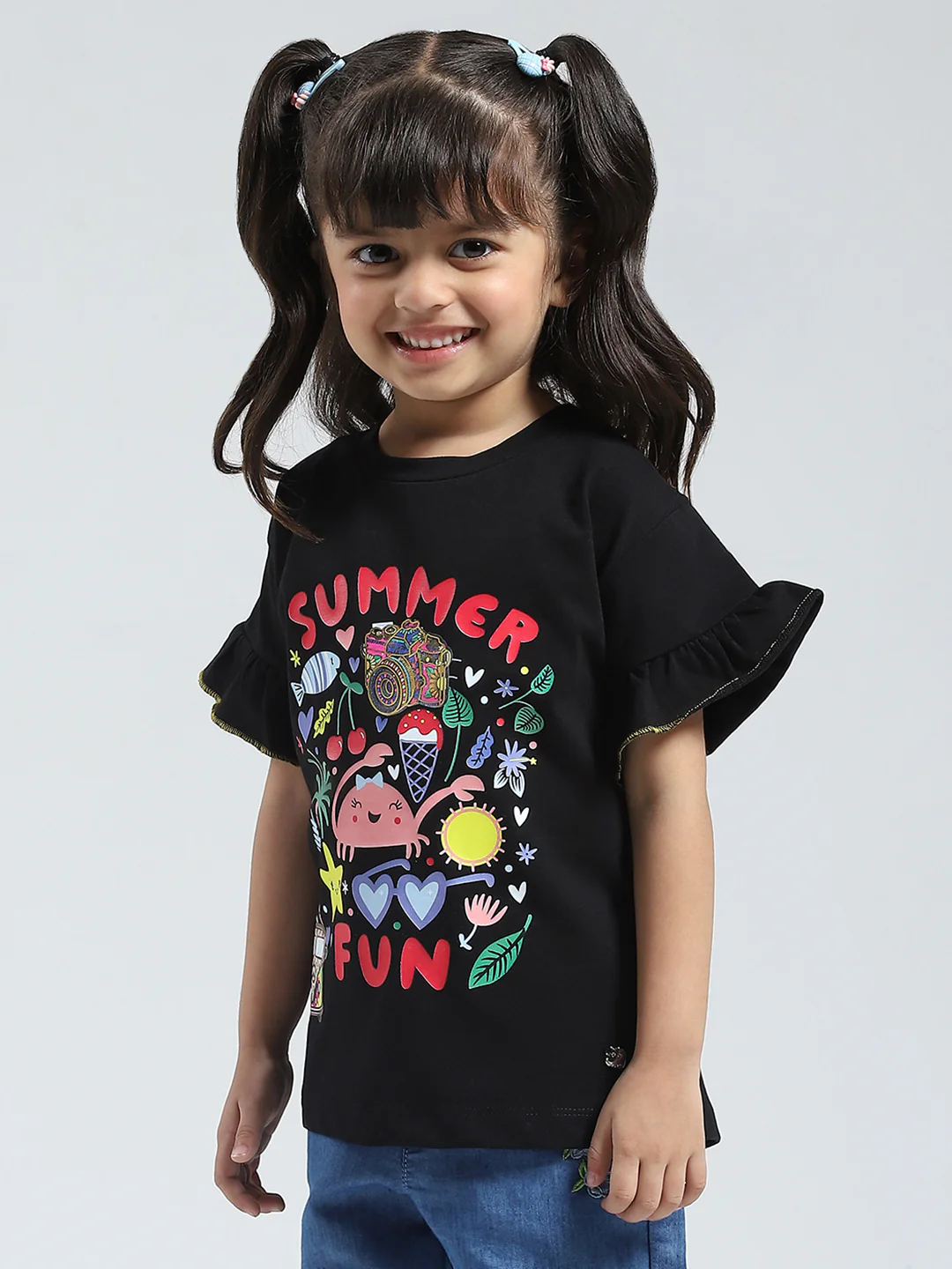 Girls Black Printed Round Neck Half Sleeve Top - Image 3