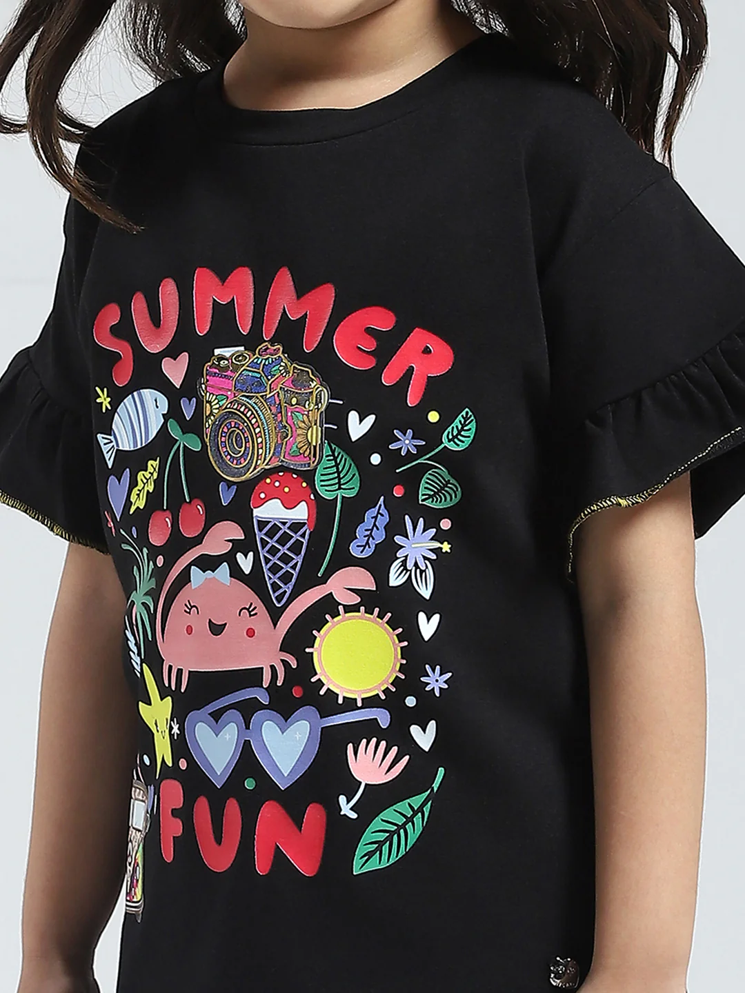 Girls Black Printed Round Neck Half Sleeve Top - Image 6