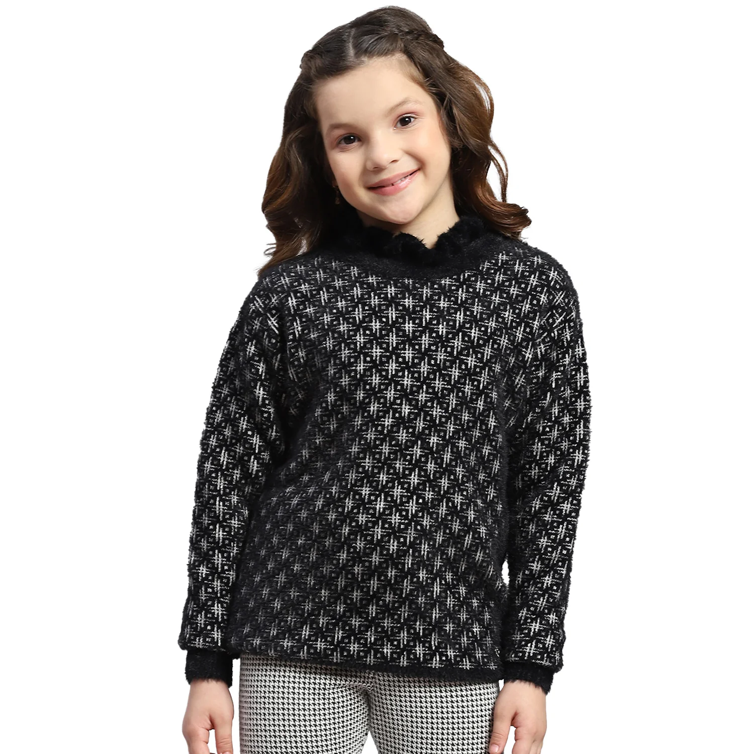 Girls Black Self Design F Neck Full Sleeve Sweater - Image 5