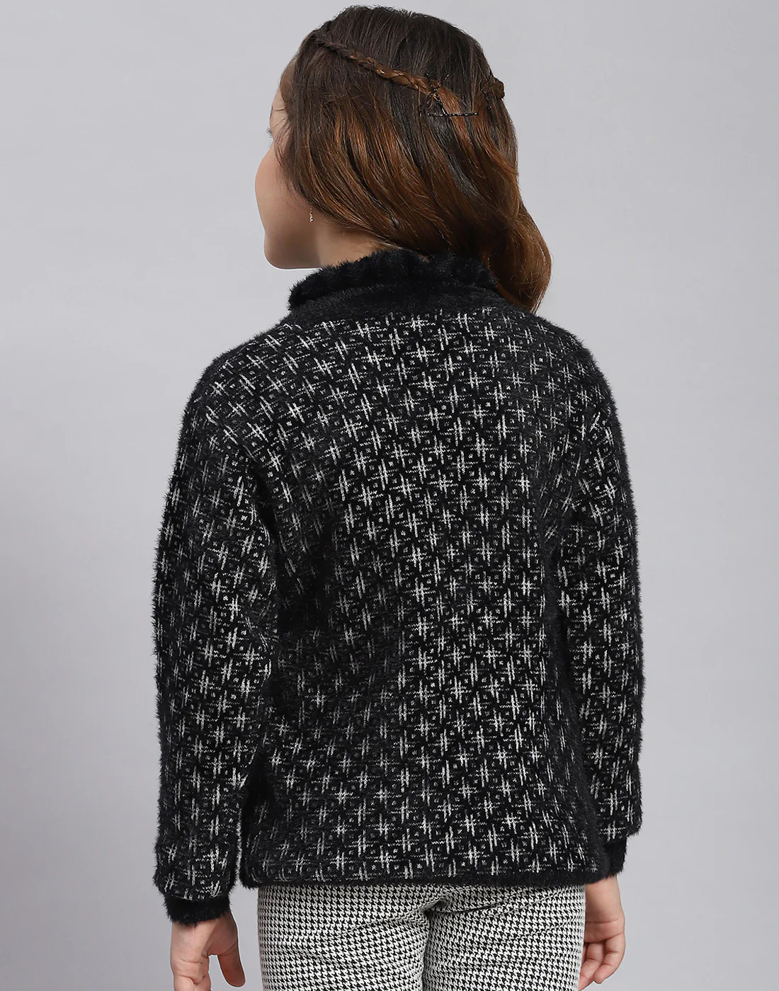 Girls Black Self Design F Neck Full Sleeve Sweater - Image 6