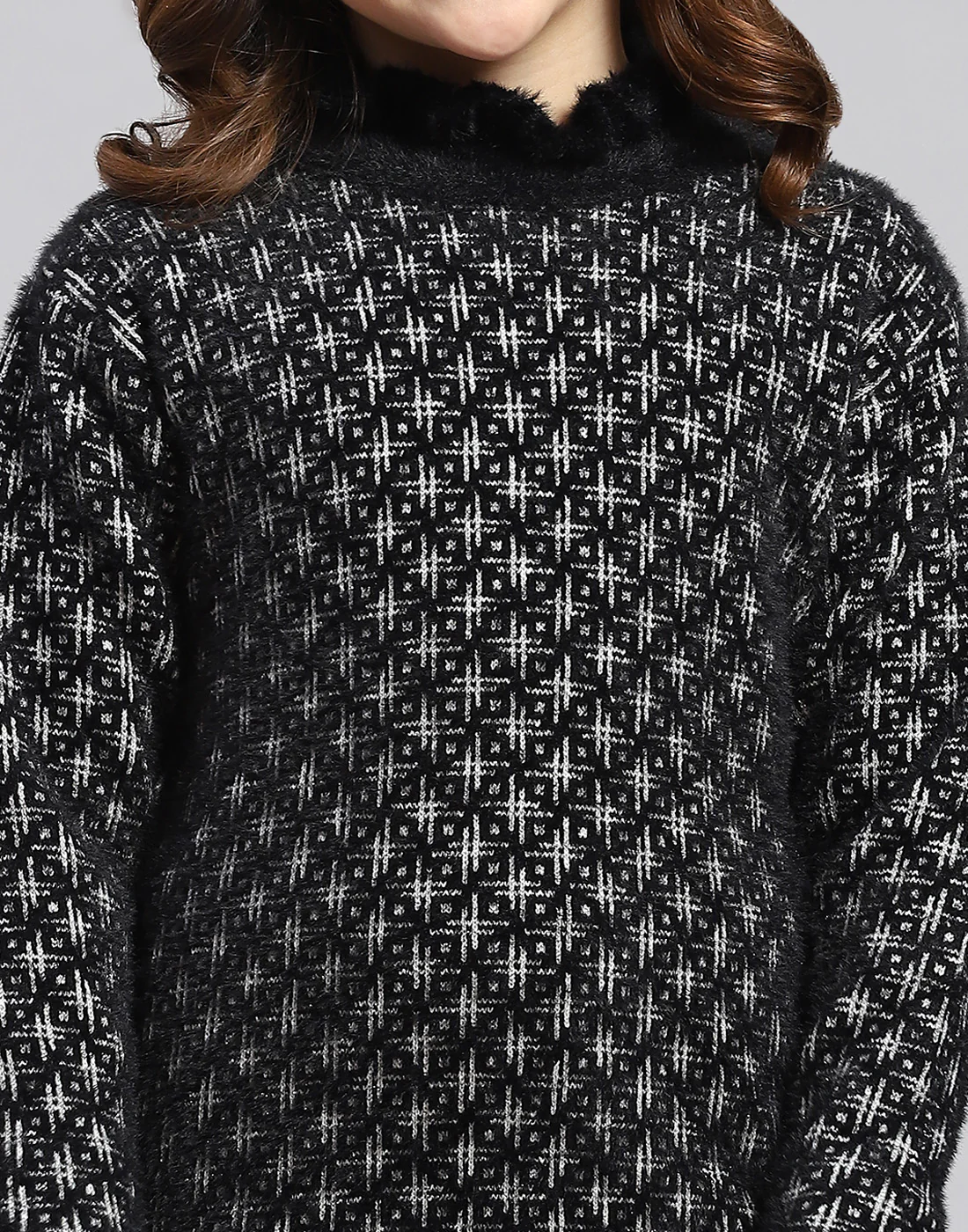 Girls Black Self Design F Neck Full Sleeve Sweater - Image 7