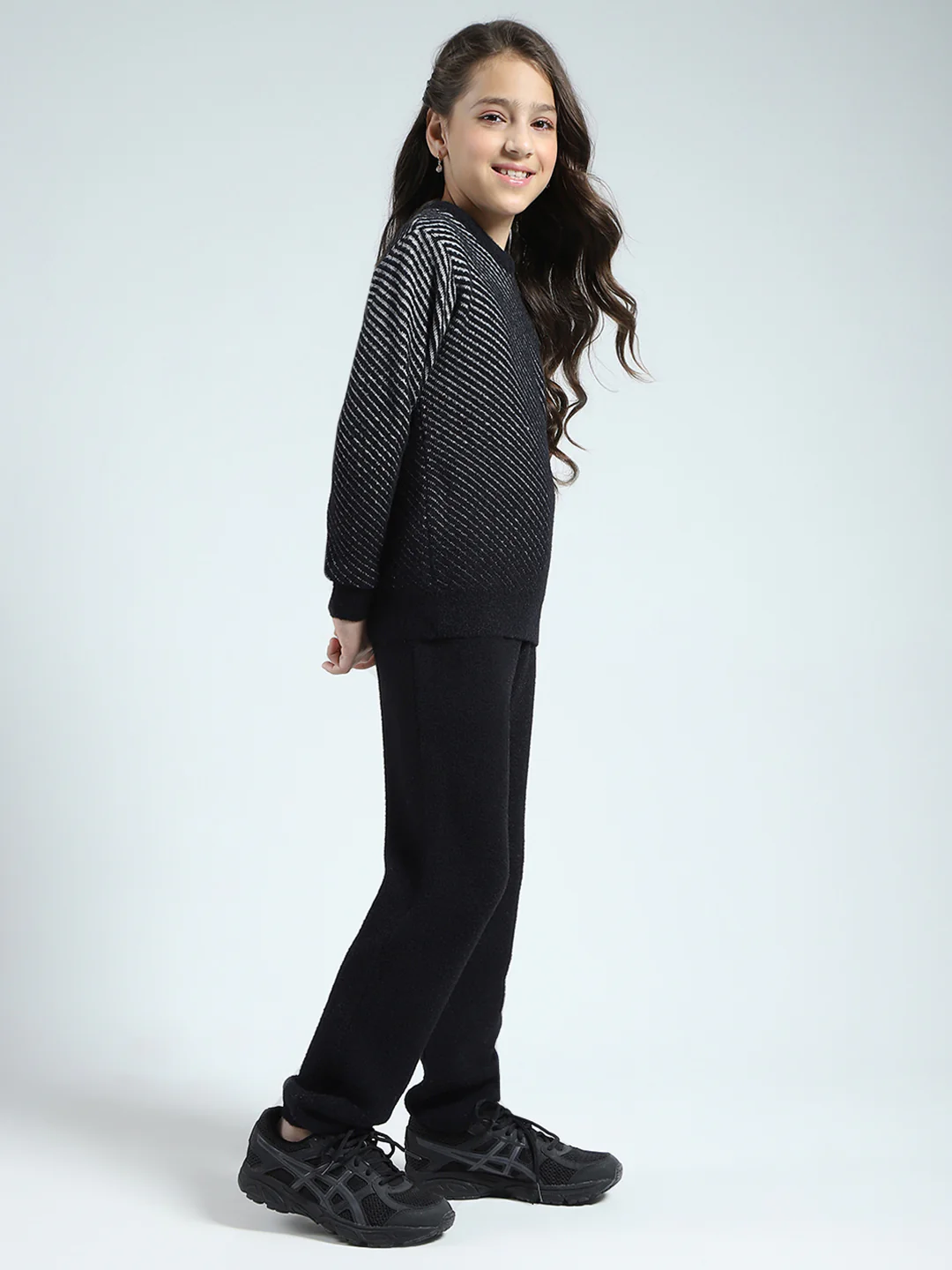 Girls Black Self Design Round Neck Full Sleeve Cords Set - Image 4