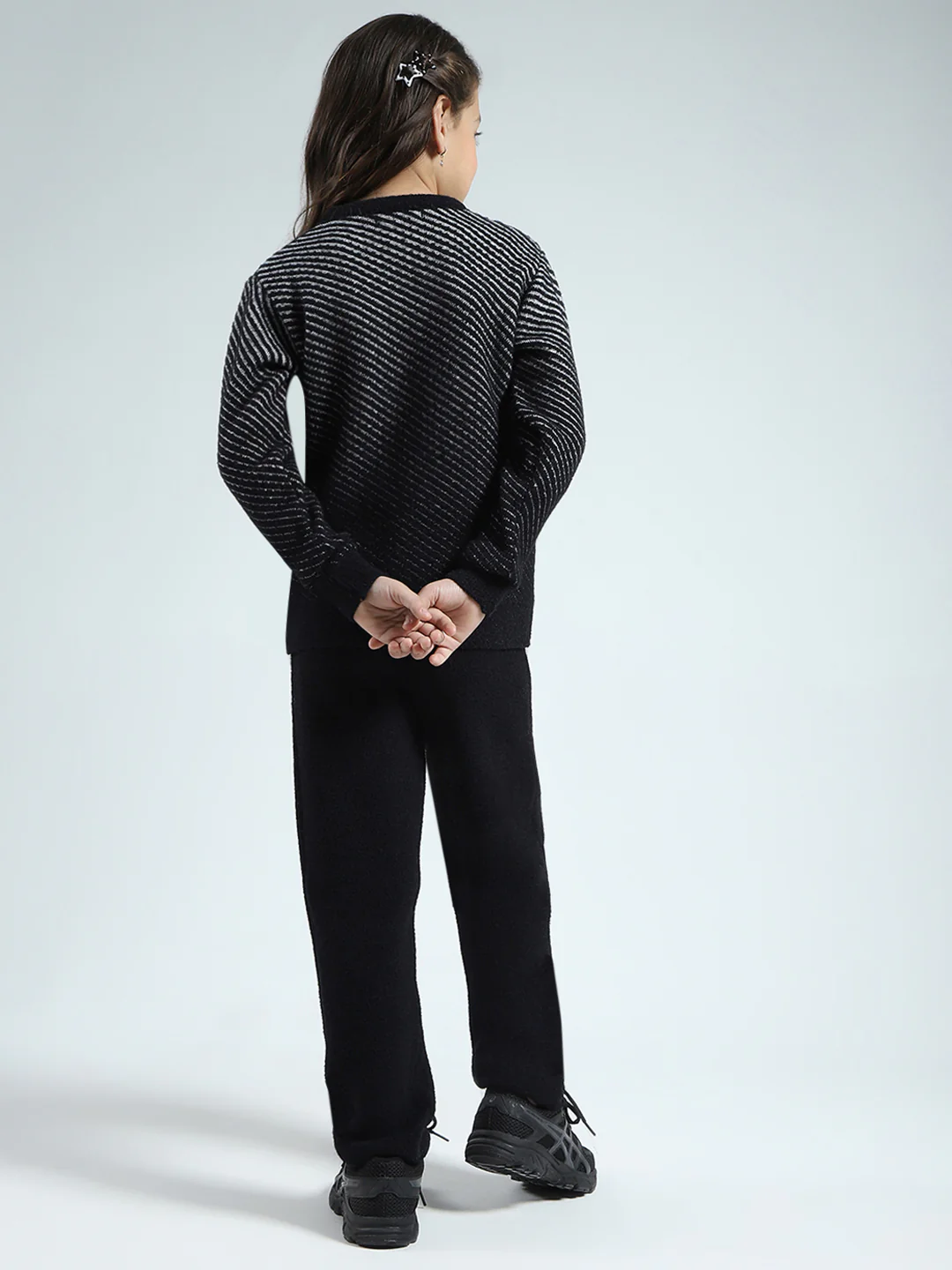 Girls Black Self Design Round Neck Full Sleeve Cords Set - Image 5
