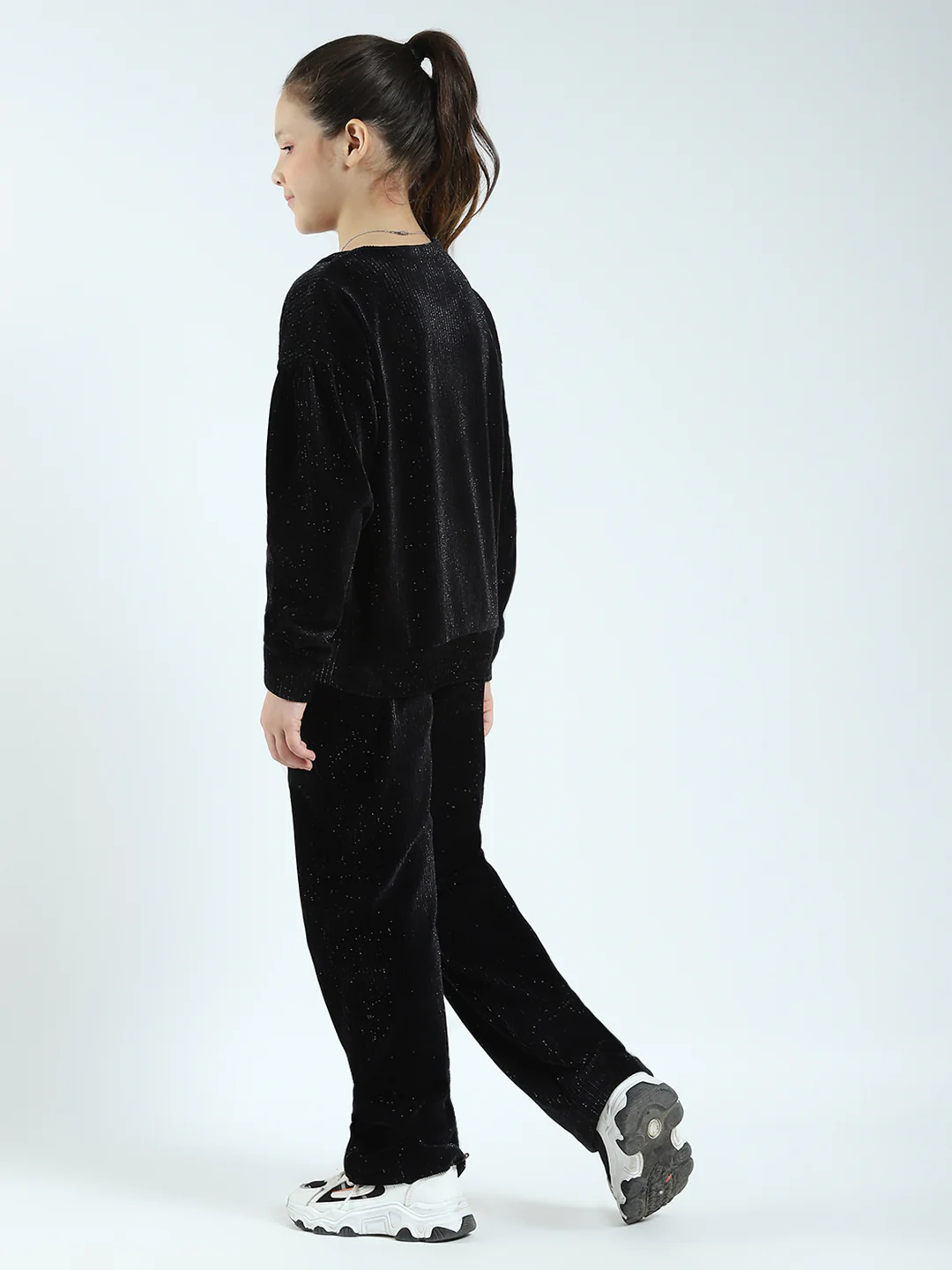 Girls Black Self Design Round Neck Full Sleeve Cords Set - Image 5
