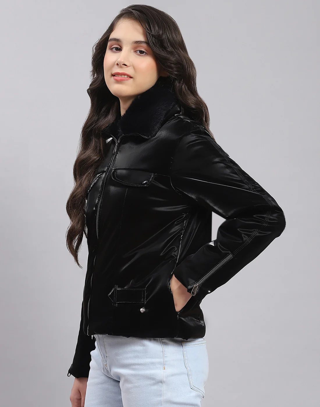 Girls Black Solid Collar Full Sleeve Girls Jacket - Image 4