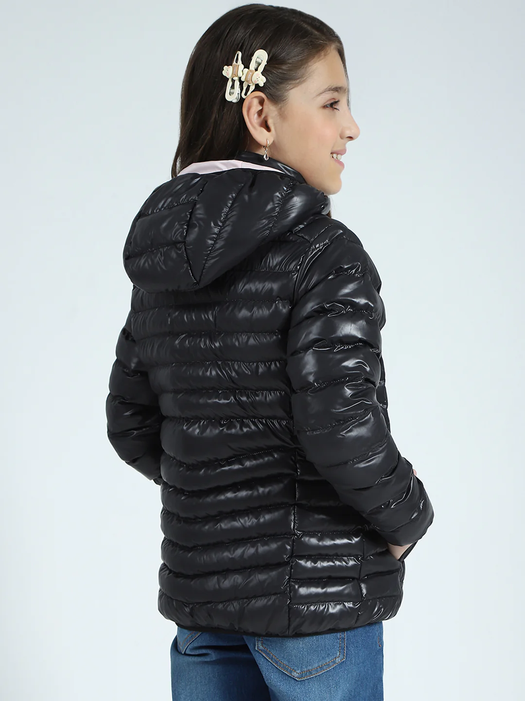 Girls Black Solid Hooded Full Sleeve Reversible Jacket - Image 5