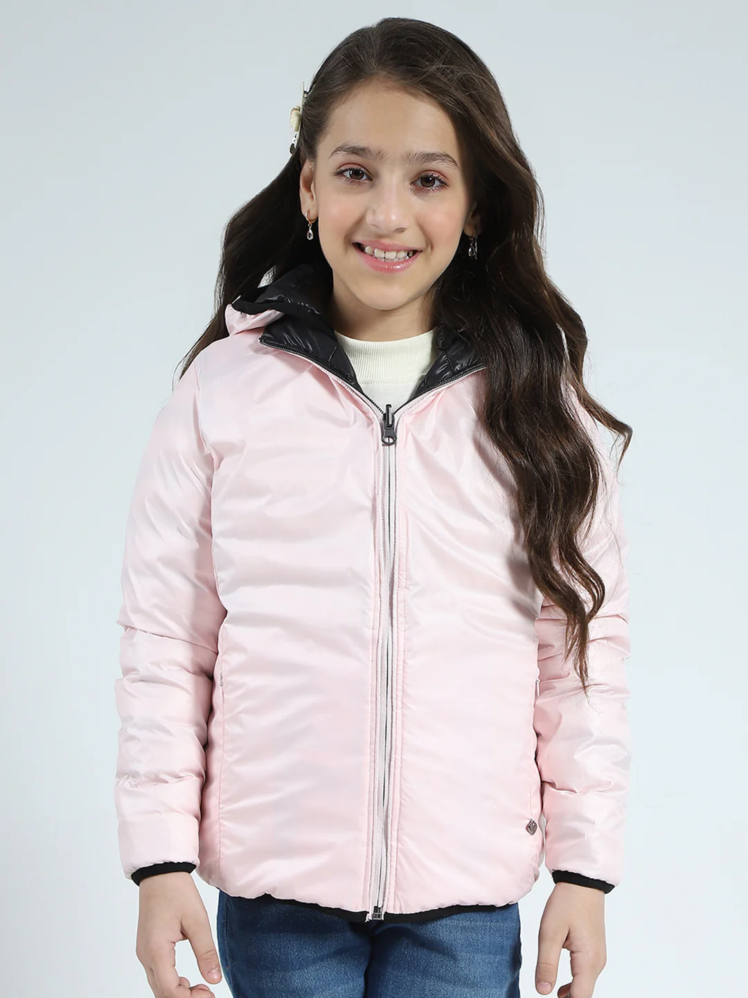 Girls Black Solid Hooded Full Sleeve Reversible Jacket - Image 7
