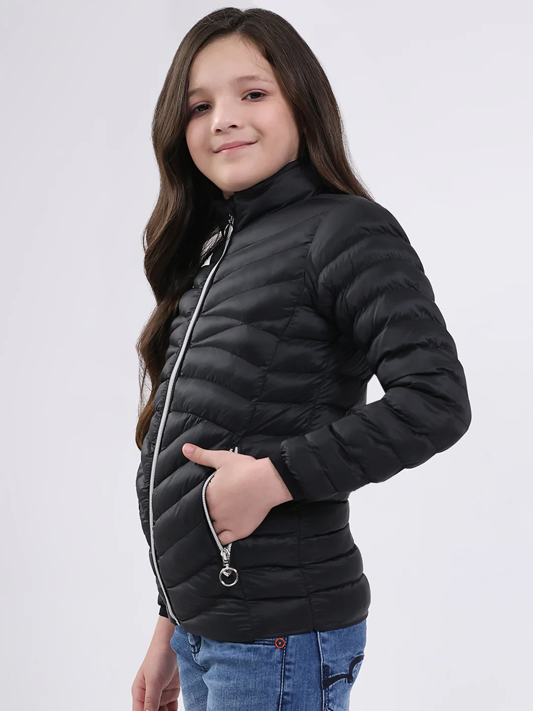 Girls Black Solid Mock Neck Full Sleeve Jacket - Image 3