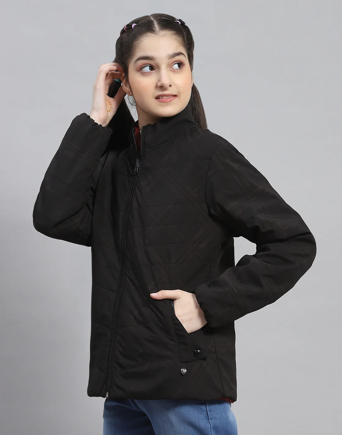 Girls Black Solid Stand Collar Full Sleeve Reversible Jacket - Image 3