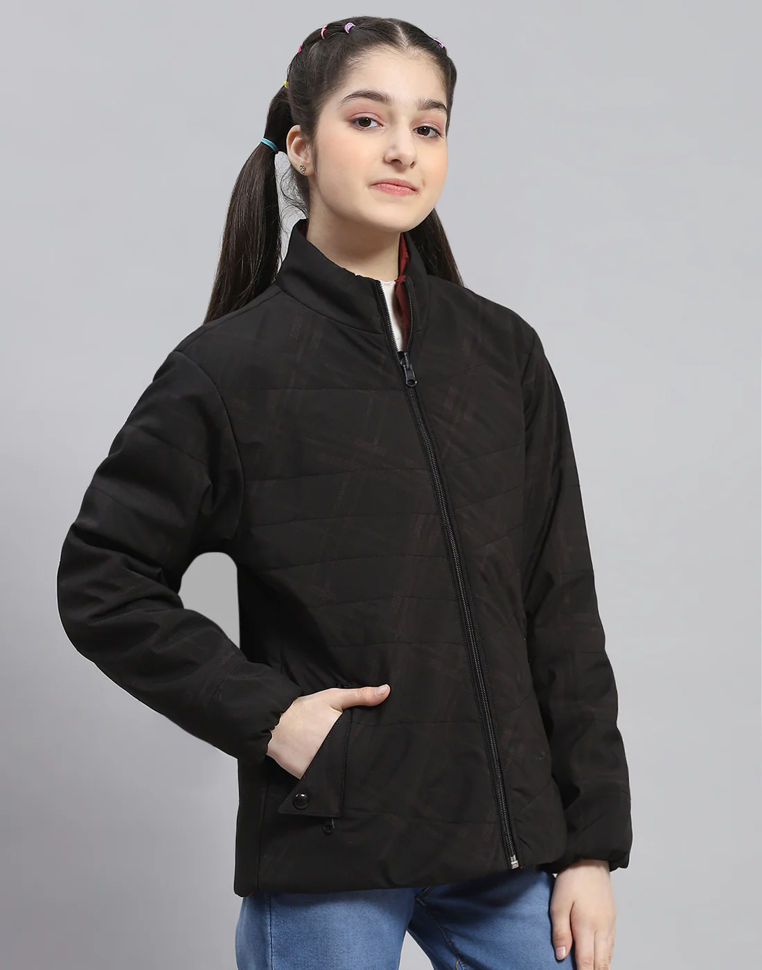 Girls Black Solid Stand Collar Full Sleeve Reversible Jacket - Image 4