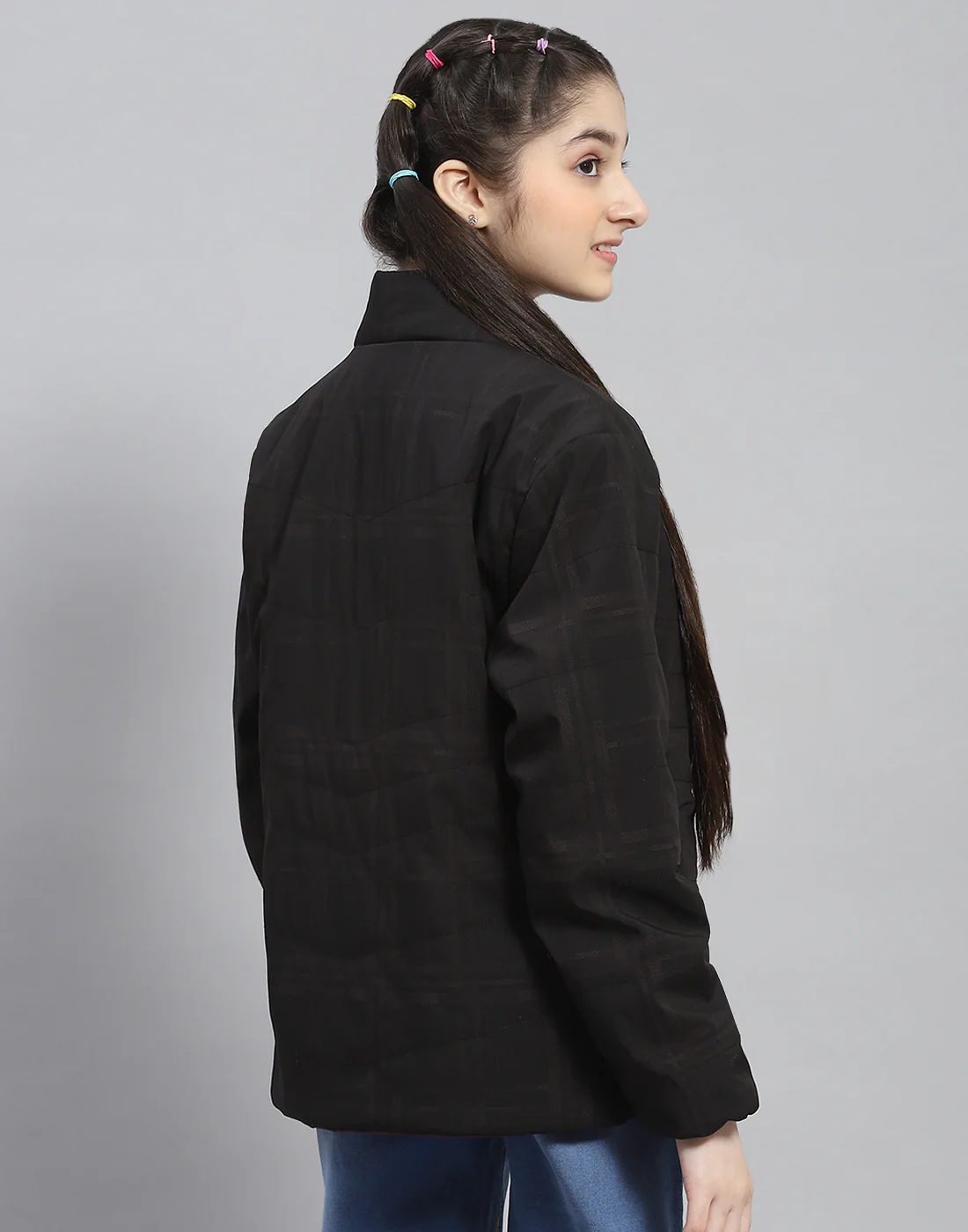 Girls Black Solid Stand Collar Full Sleeve Reversible Jacket - Image 5