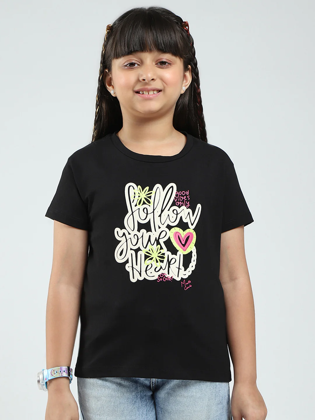 Girls Blue & Black Printed Round Neck Half Sleeve Top 2Pc Set - Image 3