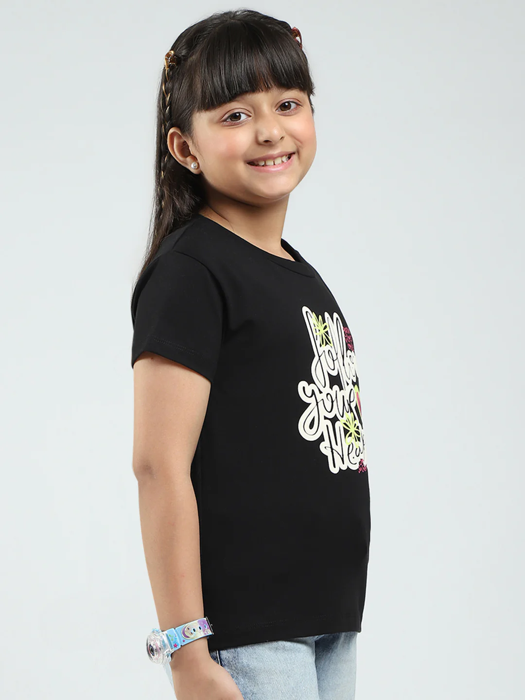 Girls Blue & Black Printed Round Neck Half Sleeve Top 2Pc Set - Image 5