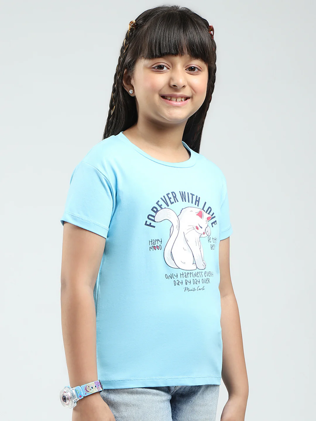 Girls Blue & Black Printed Round Neck Half Sleeve Top 2Pc Set - Image 8