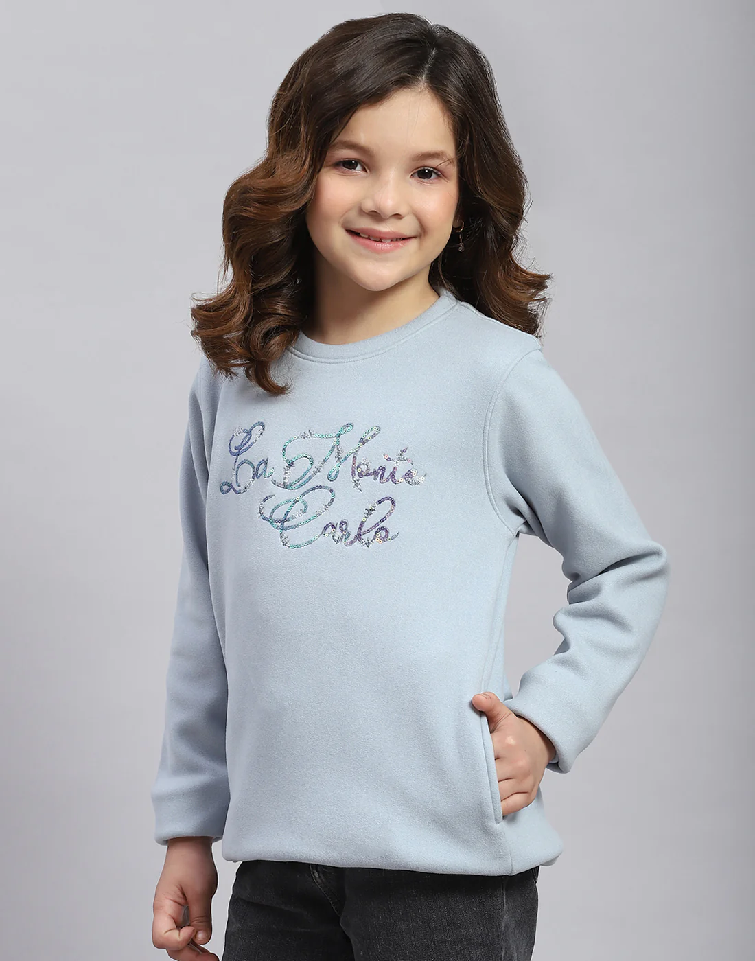 Girls Blue Embroidered Round Neck Full Sleeve Sweatshirt - Image 3