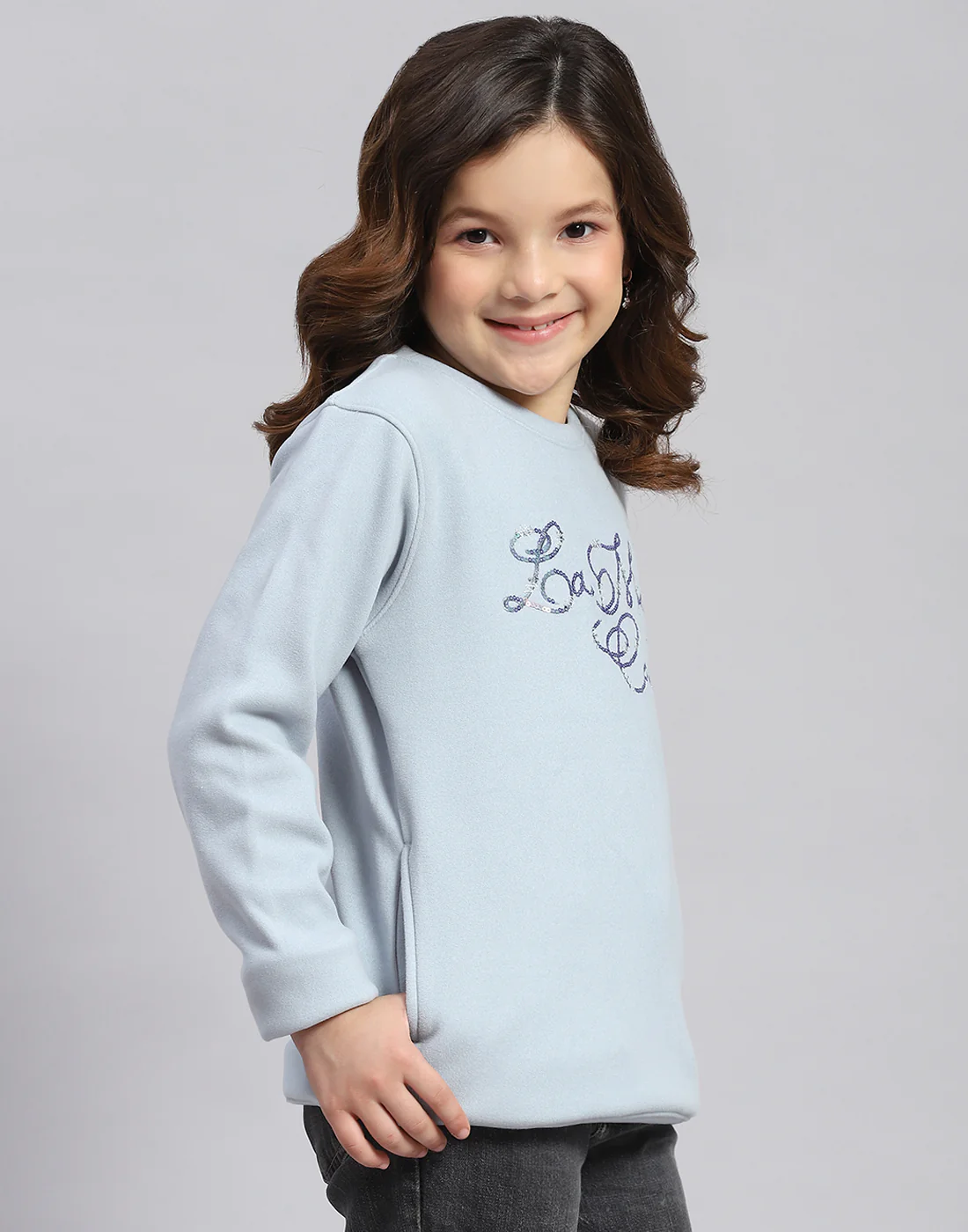 Girls Blue Embroidered Round Neck Full Sleeve Sweatshirt - Image 4