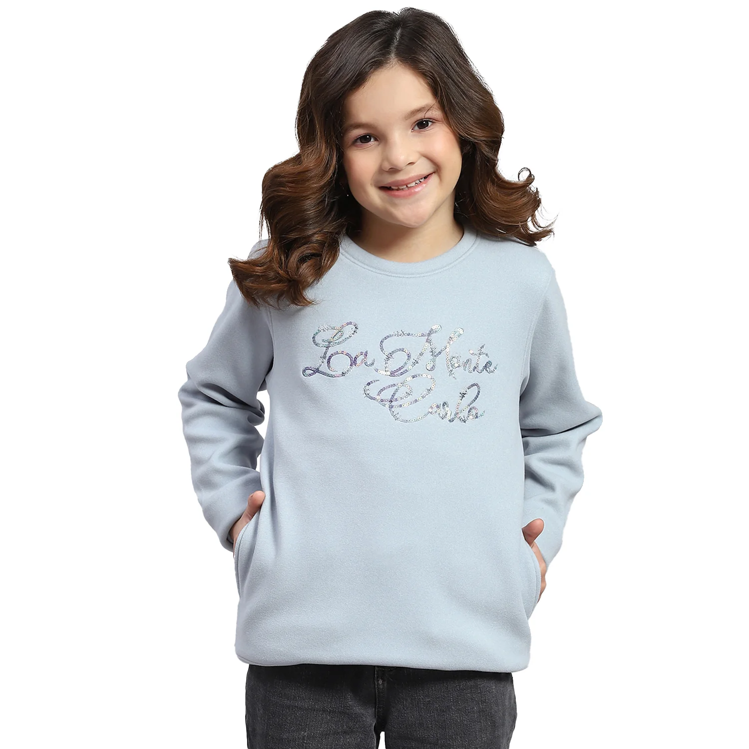 Girls Blue Embroidered Round Neck Full Sleeve Sweatshirt - Image 5