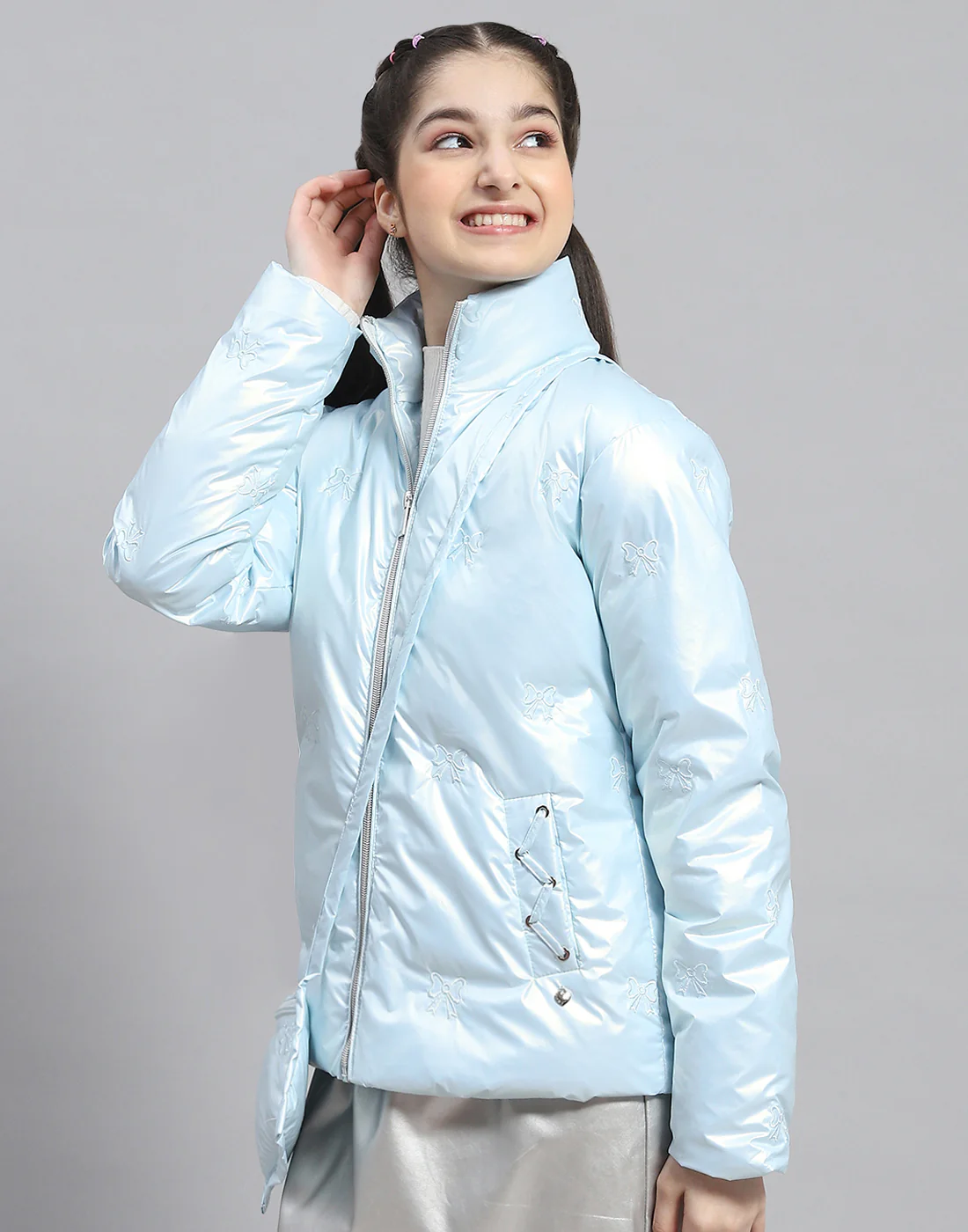 Girls Blue Embroidered Stand Collar Full Sleeve Girls Jacket - Image 3
