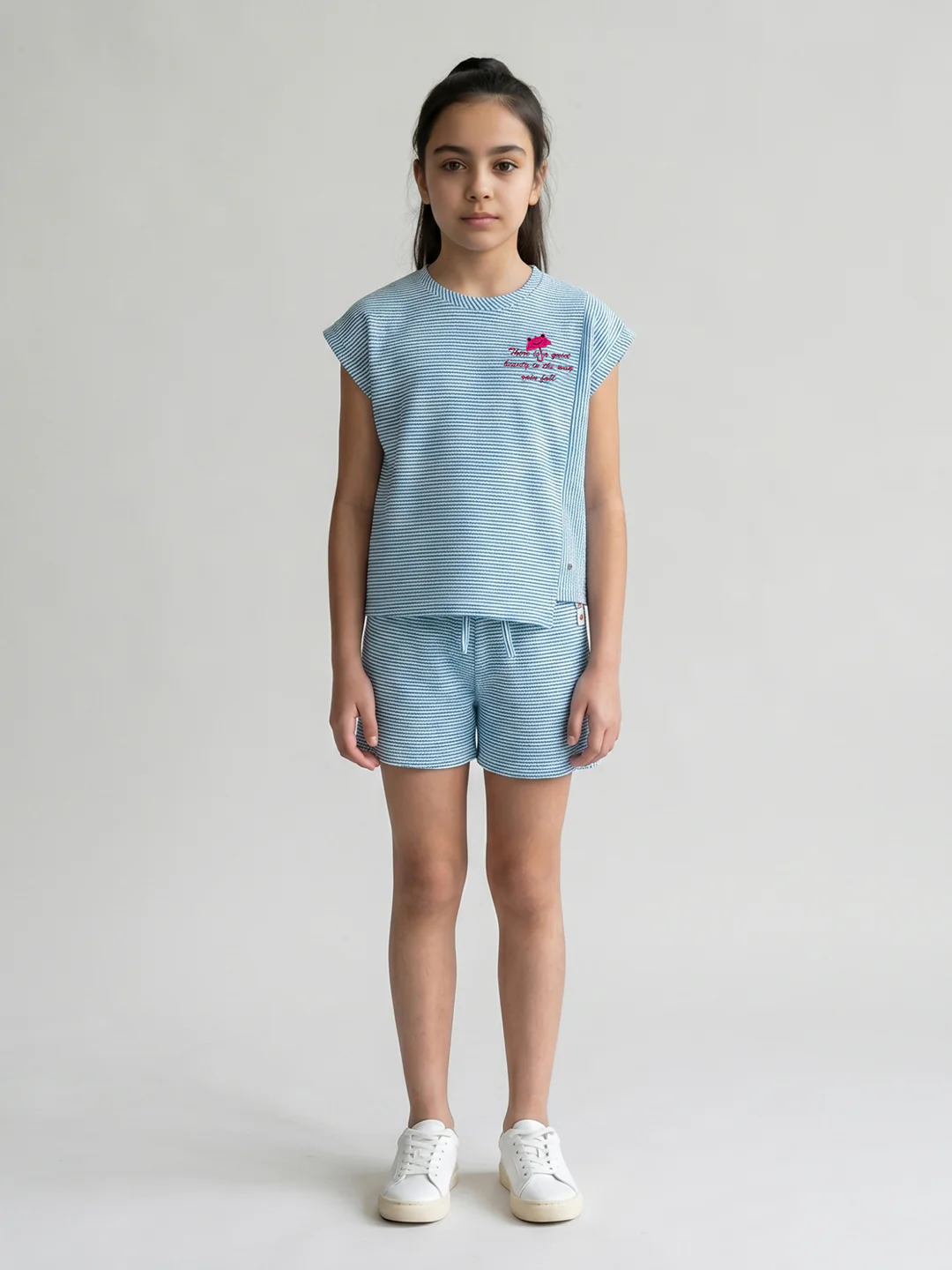 Girls Blue Jacquard Round Neck Half Sleeve Cords Set