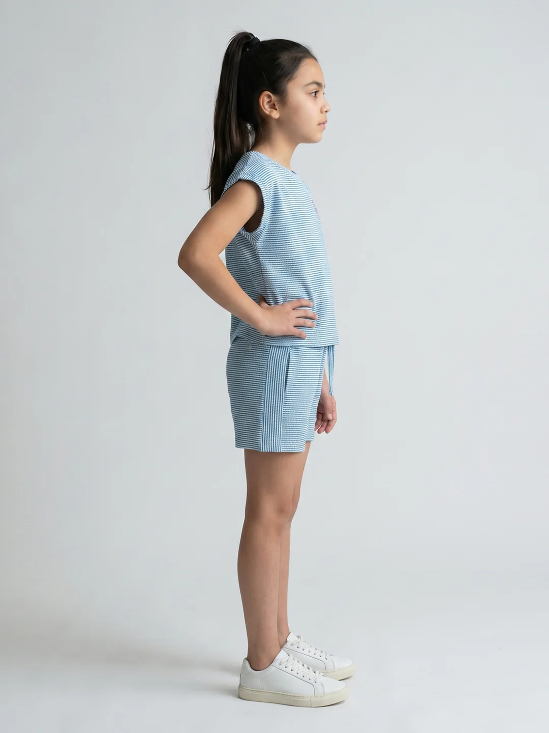 Girls Blue Jacquard Round Neck Half Sleeve Cords Set - Image 2