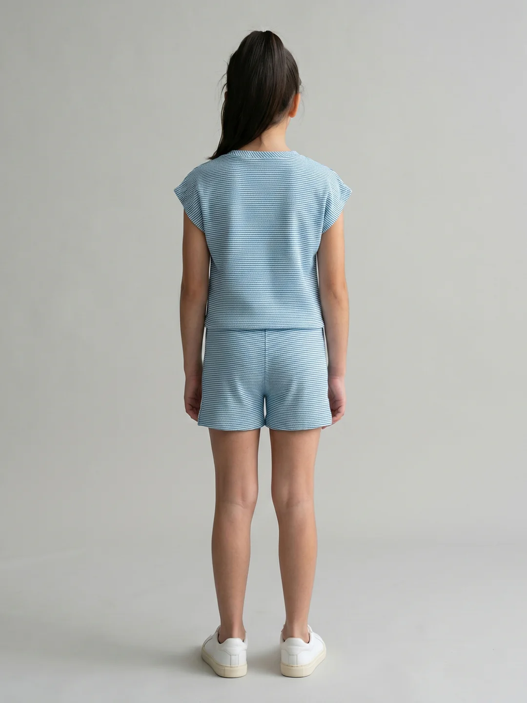 Girls Blue Jacquard Round Neck Half Sleeve Cords Set - Image 4